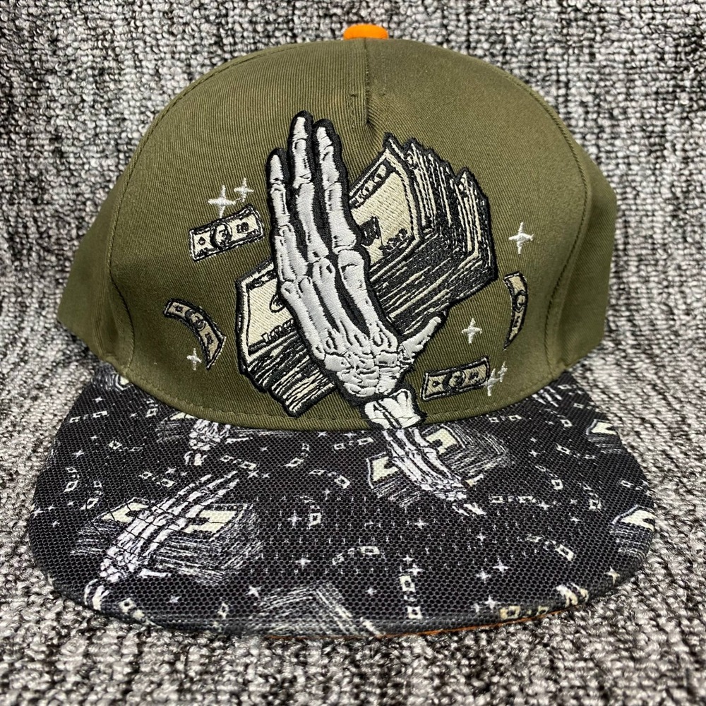 VTG Top Level Money Skeleton Hand Snapback Hat Olive Green Flat Brim Cap